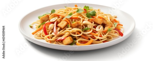 A mouthwatering shot highlighting the fusion of flavors in Tofu and Peanut Noodles, featuring a medley of crunchy carrots, thinly sliced bell peppers, and bean sprouts, all tossed together