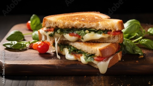 A stunning overhead shot showcases the symphony of ingredients in a Caprese Grilled Cheese fresh basil leaves mingle with juicy tomato slices and the melted cheese, all encased between slices
