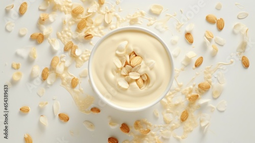 An overhead view reveals an exquisite arrangement of golden s and crisp  nutty flakes cascading onto a bowl of creamy almond milk  evoking a sense of pure and anticipation.