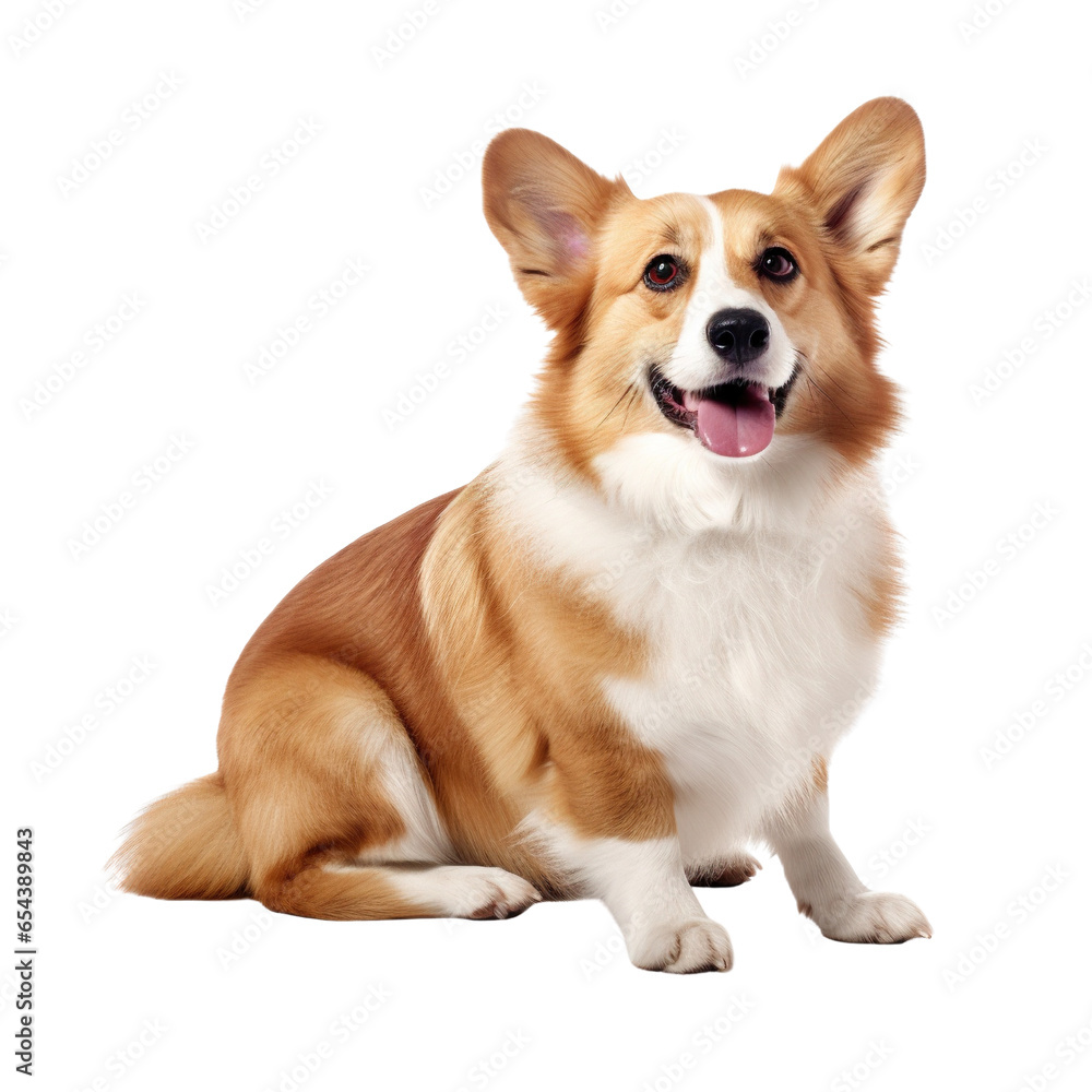 Happy Pembroke Welsh Corgi and looking at camera in side view isolated on white background