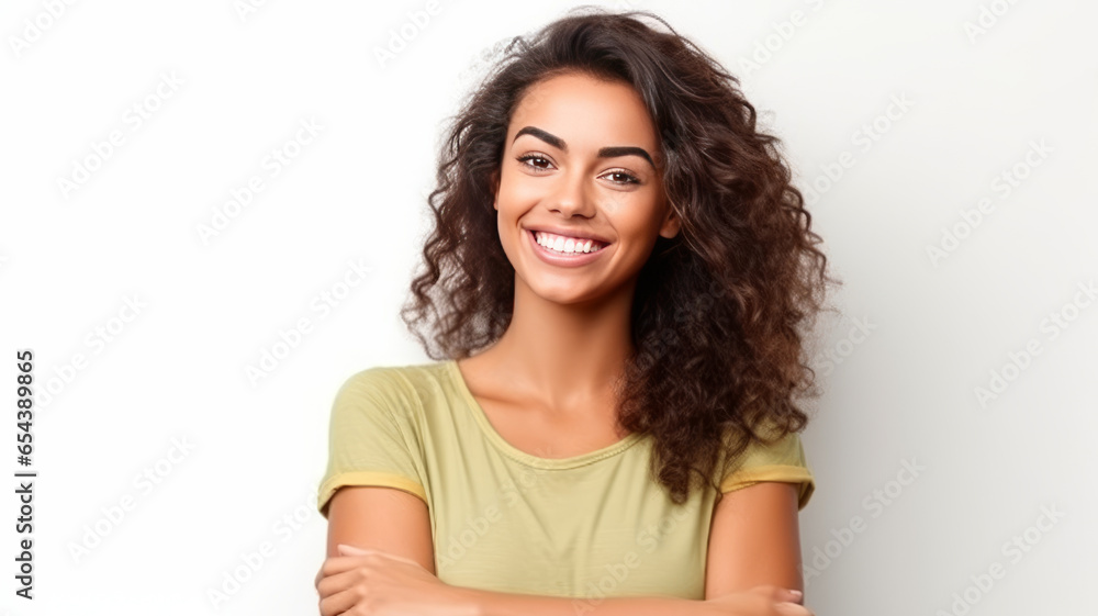 Young Brazilian woman cross arms isolated background looking to the side and smiling Young Brazilian woman cross arms isolated background looking to the side and smiling