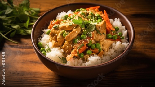 An overhead shot of a heaping bowl of aromatic jasmine rice, adorned with chunks of tender carrots, peas, and gingered chicken, all bathed in a flavorful soyginger sauce. photo