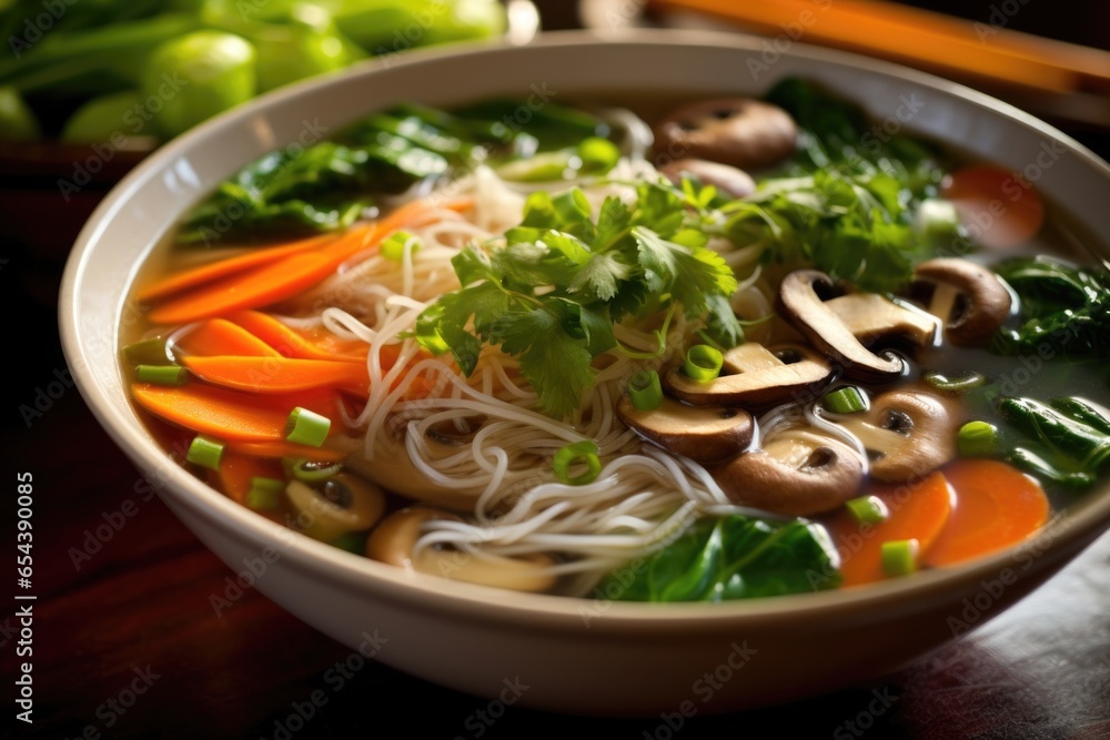 An enchanting closeup of a steaming bowl of vegetarian Pho, highlighting the array of colorful vegetables like baby bok choy, carrot julienne, and shiitake mushrooms, all immersed in a fragrant - obrazy, fototapety, plakaty 