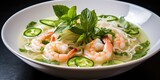A visually captivating photo capturing the essence of Pho, with succulent shrimp peeping through the surface of the broth, accompanied by fresh mint leaves, thinly sliced zucchini, and a
