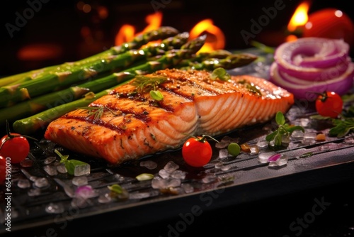 Capturing the essence of freshness, this visually appealing photograph showcases perfectly grilled strips of lemoninfused salmon, served alongside a colorful mix of grilled asparagus, red photo