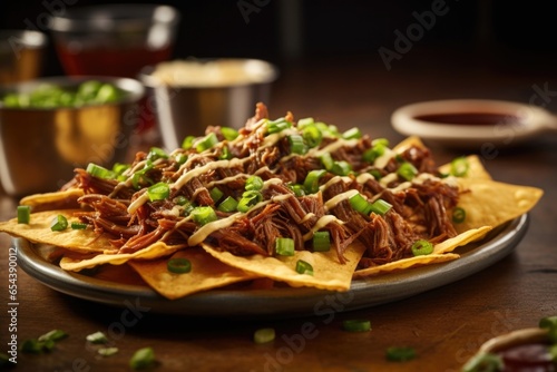 A visually enticing image capturing the perfect balance of smoky and y  as the nachos are generously topped with chipotleinfused shredded beef  a drizzle of tangy adobo sauce  and a sprinkle