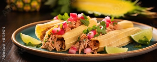 A visually appealing tamale bursts with the colors of summer, featuring a refreshing watermelon salsa. The corn husk reveals a vibrant yellow masa dough infused with a touch of jalape o, photo