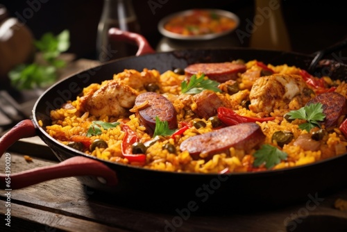 A rustic take on paella, this hearty dish features tender chunks of braised chicken, robust pork sausages, and smoky slices of chorizo, all married together in a generous serving of goldenhued