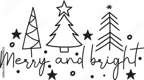 Merry And Bright Tree Line Drawing Graphic Christmas Female SVG T Shirt Design
