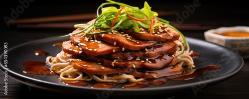 A mouthwatering shot of savory soba pancakes, cooked to perfection and stacked elegantly, adorned with a generous serving of tender grilled pork belly, saut ed leeks, and a drizzle of umamipacked photo