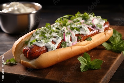 An appealing shot presenting a hot dog inspired by international flavors, with a sausage infused with aromatic es, served within a fluffy naan bread, accompanied by a side of homemade tzatziki