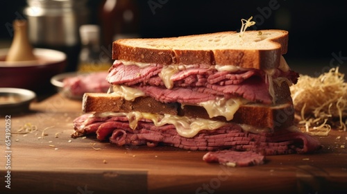 An irresistible closeup shot inviting you to indulge in a Reuben sandwich, layered with generous portions of mouthwatering corned beef, tangy sauerkraut, gooey Swiss cheese, and a tantalizing