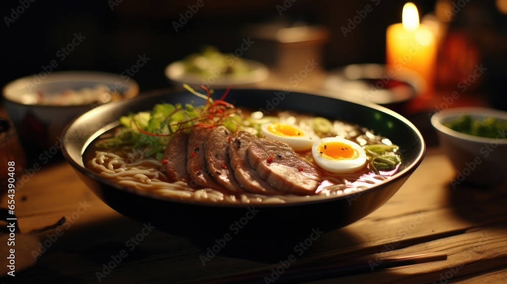 A steaming hot bowl of ramen transports you straight to Japan as chewy wheat noodles are immersed in a rich, aromatic broth crafted from slowcooked pork bones, topped with slices of succulent