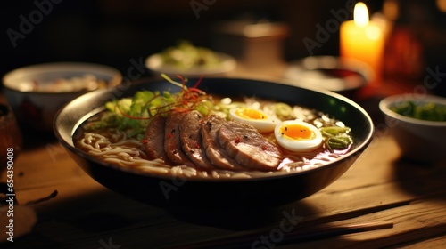 A steaming hot bowl of ramen transports you straight to Japan as chewy wheat noodles are immersed in a rich, aromatic broth crafted from slowcooked pork bones, topped with slices of succulent