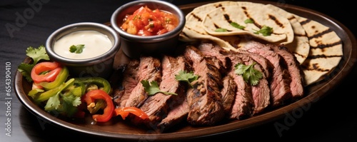 A mouthwatering platter of authentic carne asada, featuring tender and flavorful grilled marinated steak, sliced and served with a side of warm tortillas, fresh pico de gallo, and a scoop