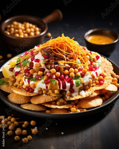 An artistic arrangement of colorful and crunchy papdi chaat, a popular street food delicacy. Crispy fried dough wafers are topped with a tantalizing mix of chickpeas, yogurt, tangy tamarind photo