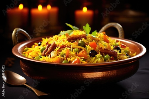 A delightful bowl of fragrant biryani, layered with longgrain basmati rice cooked with a medley of tender vegetables, succulent pieces of marinated meat, and a harmonious blend of aromatic photo