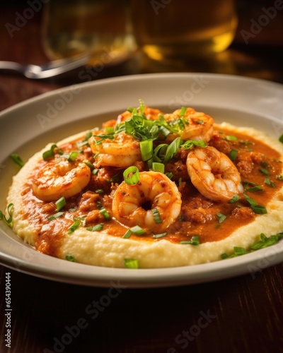 A tantalizing snapshot of a plate of shrimp and grits plump, succulent shrimp bathed in a flavorful and smoky tomato sauce, served over a creamy and velvety bed of stound grits, garnished