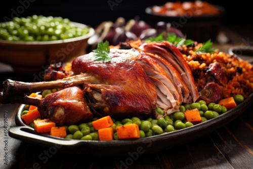 A mouthwatering platter of lechona, a Colombian delicacy that consists of a whole pig stuffed with rice, carrots, peas, and es, slowroasted until the skin becomes crispy, yielding a delicious photo