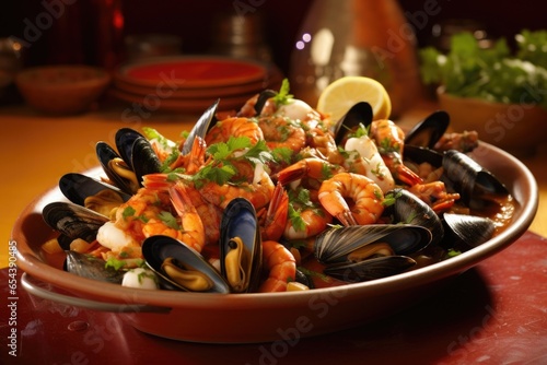 A true treat for seafood lovers, a platter of mariscada presents a tantalizing mix of mussels, clams, shrimp, and chunks of white fish, luxuriating in a flavorful broth infused with garlic,
