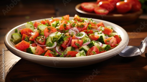 An irresistible shot captures the vibrant colors of a fresh salad made with juicy tomatoes, crisp cucumbers, and tangy onions, tossed in a zesty, yet delicate dressing, offering a refreshing