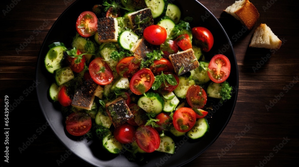 This aerial shot showcases a visually stunning salad, featuring charcoalinfused croutons tered a a colorful assortment of crisp greens, juicy cherry tomatoes, and crunchy cucumbers. The This aerial shot showcases a visually stunning salad, featuring charcoalinfused croutons tered a a colorful assortment of crisp greens, juicy cherry tomatoes, and crunchy cucumbers. The