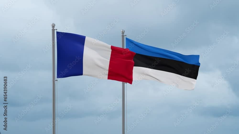 Estonia flag and France flag waving together on cloudy sky, endless seamless loop, two country relations concept Estonia flag and France flag waving together on cloudy sky, endless seamless loop, two country relations concept