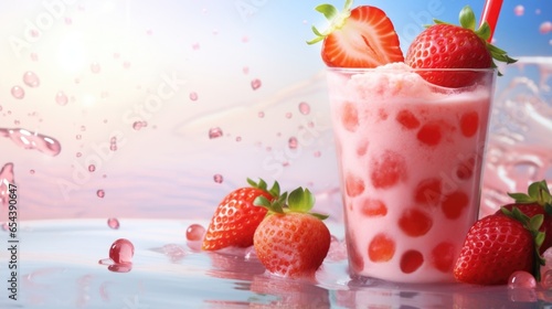 A luscious concoction of strawberry milk and roseinfused black tea, offering a delicate and indulgent treat for your taste buds. The drink is topped with strawberryflad boba pearls, bringing