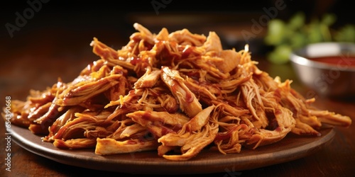 In this visually striking image, delicate strands of jackfruit are pulled apart to reveal its resemblance to pulled pork, generously coated in a rich, tangy barbecue sauce that clings to photo