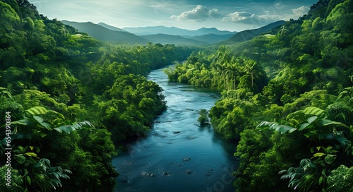 Aerial view of the Amazon river and the tropical rain forest
