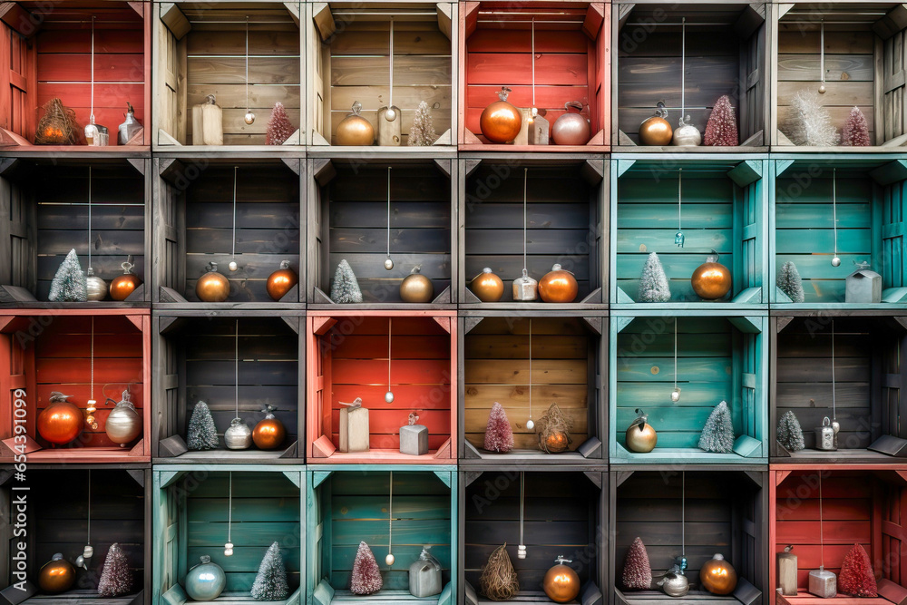 Christmas ornaments in wooden crates