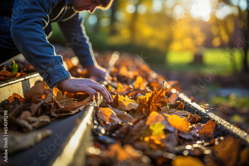 house maintenance, cleaning autumn leaves blocking the roof drainage