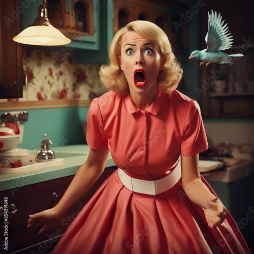 Stereotypical midcentury American housewife in a fit of hysterics photo