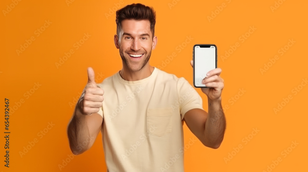 Handsome Excited Man Showing Pointing At Empty Smartphone Screen . Handsome Excited Man Showing Pointing At Empty Smartphone Screen .