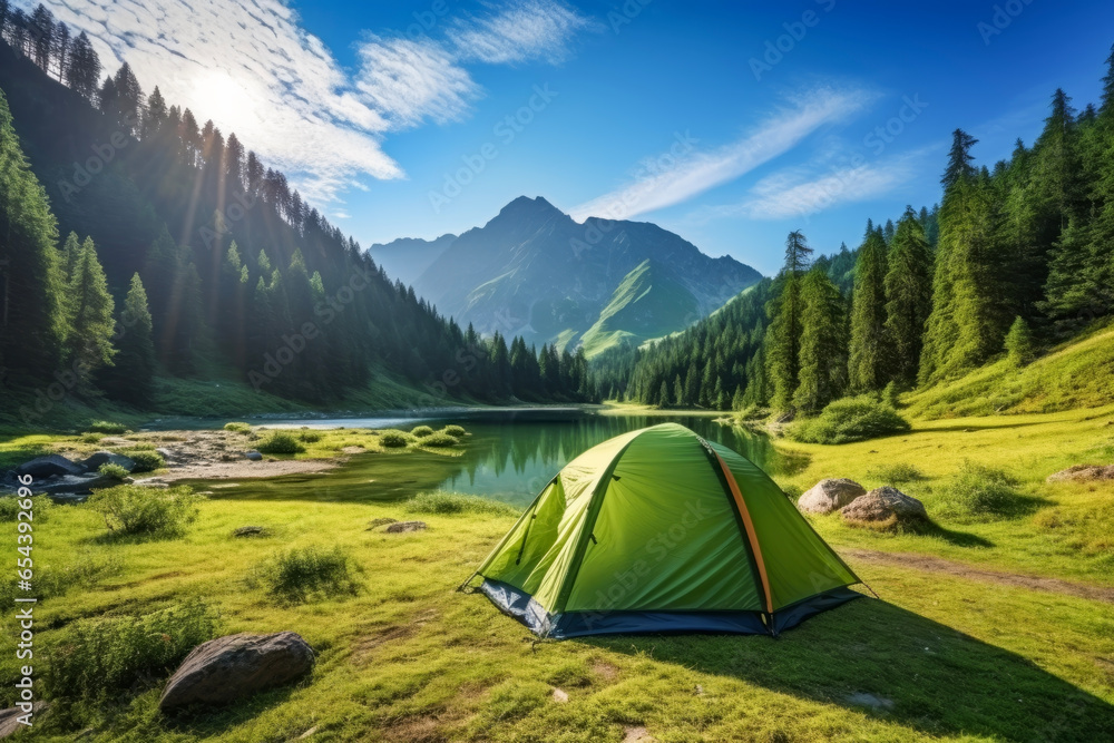 landscape and nature of tents camping area at lake in background of summer green forest. outside concept for holidays and travel. - obrazy, fototapety, plakaty 