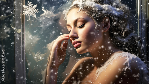 Portrait of a woman under falling snow. Winter time. AI generated