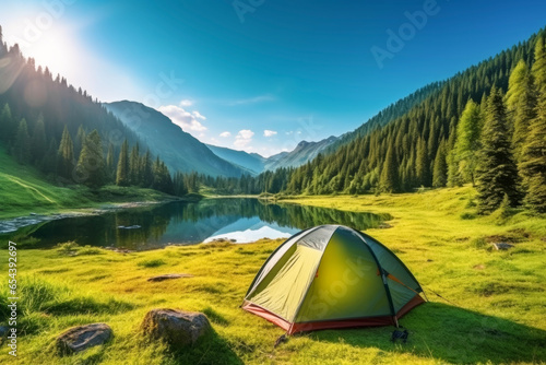 landscape and nature of tents camping area at lake in background of summer green forest. outside concept for holidays and travel.