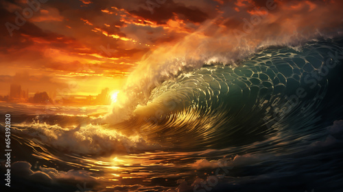 Big wave in the sea at sunset. AI generated