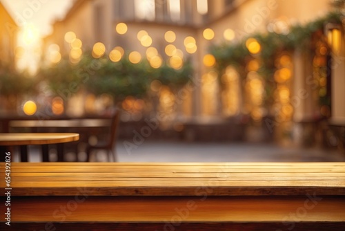 Display wooden table over blurred Italian background. ai generative