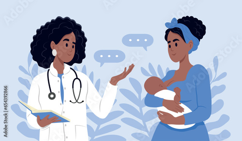 Mom and child are examined by a pediatrician, neonatologist. Consultation with a mammologist or pediatrician. Pediatric medicine, childrens healthcare concept.