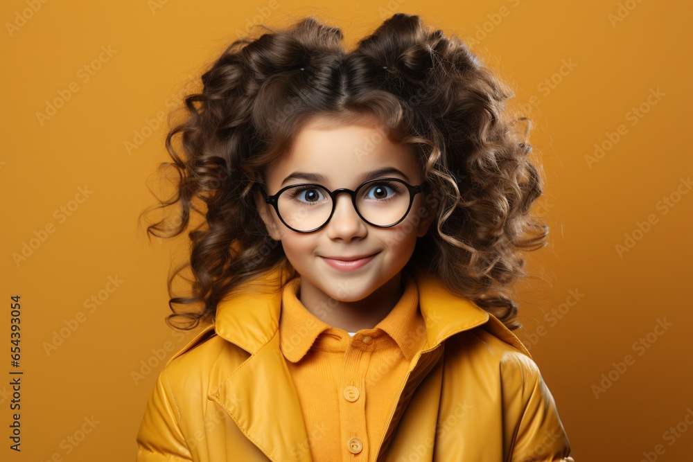 funny child school girl on yellow bacground