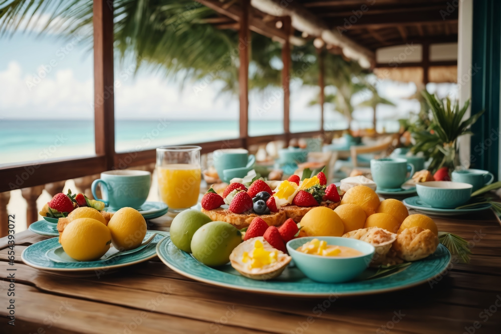 Breakfast by the Beach, A sumptuous beachfront breakfast experience unfolds on a wooden deck overlooking the turquoise sea. Created with generative AI.