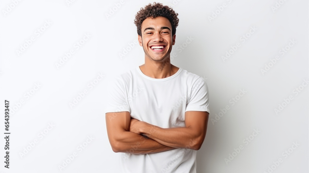 Young Brazilian woman cross arms isolated background looking to the side and smiling - obrazy, fototapety, plakaty 