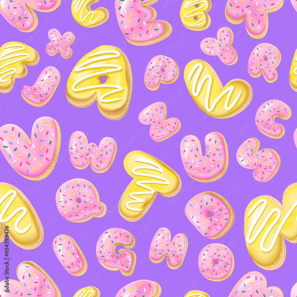 Seamless pattern with letters donuts in realistic style on the purple background, 3d. Design for packaging, textures, prints, fabrics. Vector illustration. Cake and cookies isolated glazed dessert