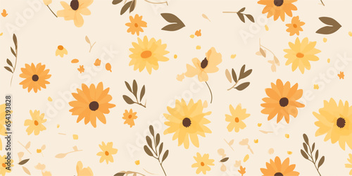 Watercolor rustic seamless pattern, farmhouse sunflower wildflowers, meadow flowers texture. Vintage yellow sunflower aesthetic wallpaper on blue background.
