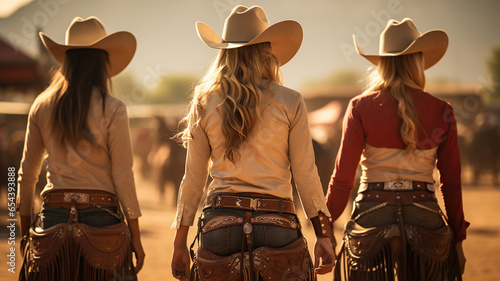 Boots, Buckles, and Braids. Cowgirls' Rodeo Showtime Preparations. Generative AI