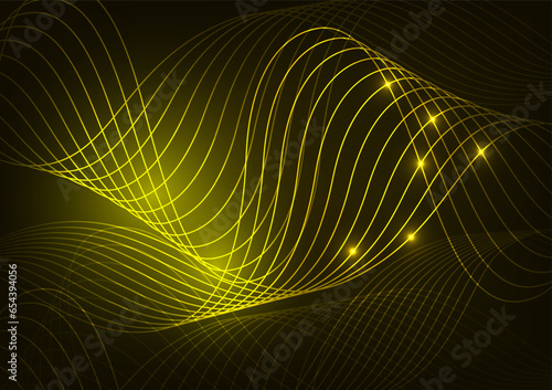 Digital technology neon light line dark yellow wave background
