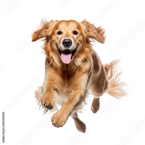 Happy Golden retriever dog running isolated on white background