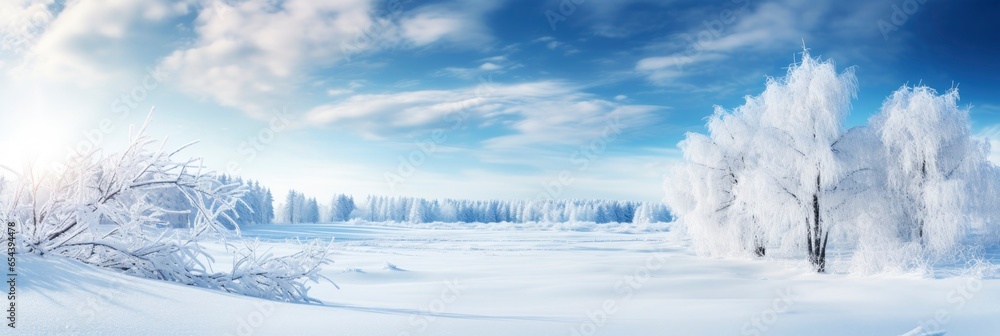 Winter atmospheric landscape with frost-covered,Merry X-Mas, Generative AI