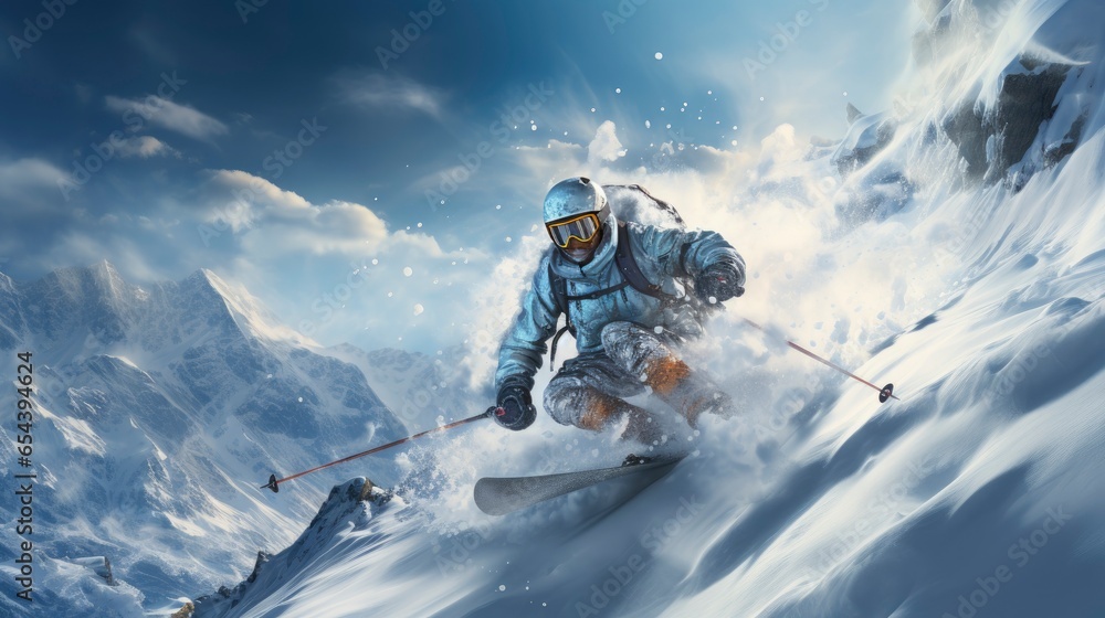 Winter atmospheric landscape with frost-covered,Skiing. Snowboarding, Generative AI